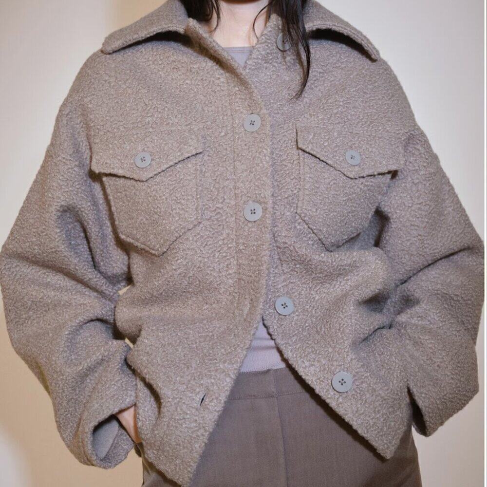 Mango Missouri Boucle Shacket Faux Shearling Collar Camel Tan S